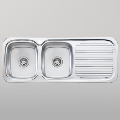 Oliveri Lakeland Double Bowl Sink With Right Drainboard Stainless Steel