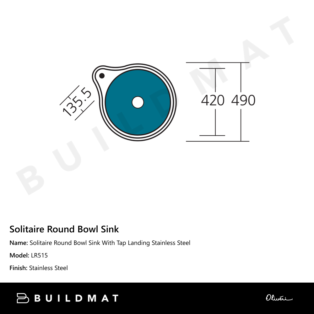 Oliveri Solitaire Round Bowl Sink With Tap Landing Stainless Steel