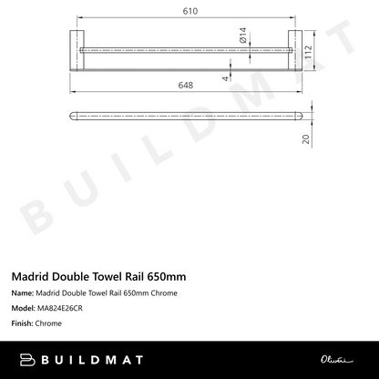 Oliveri Madrid Double Towel Rail 650mm Chrome