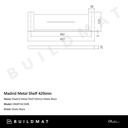Oliveri Madrid Metal Shelf 420mm Matte Black