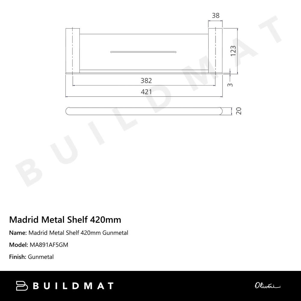 Oliveri Madrid Metal Shelf 420mm Gunmetal