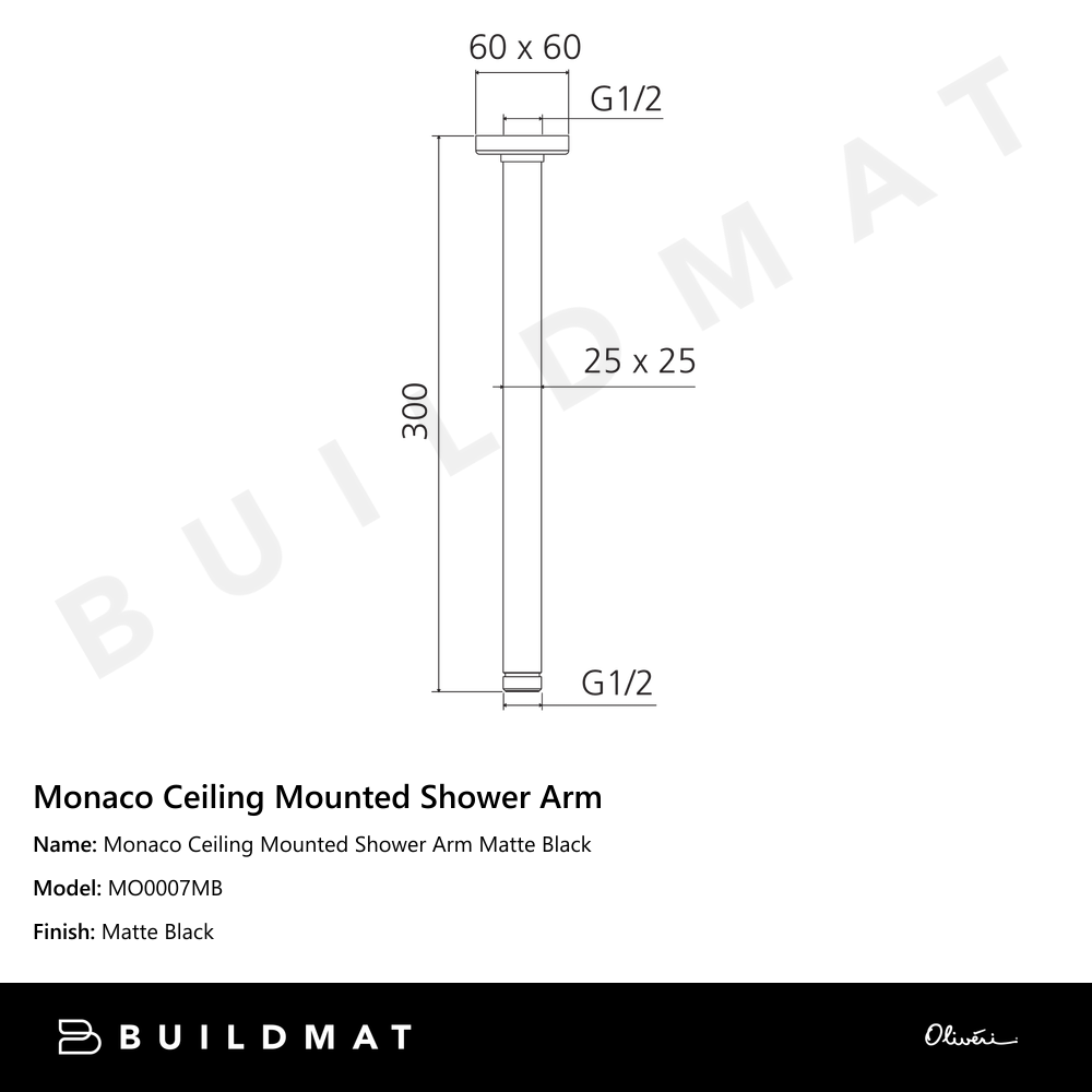 Oliveri Monaco Ceiling Mounted Shower Arm Matte Black