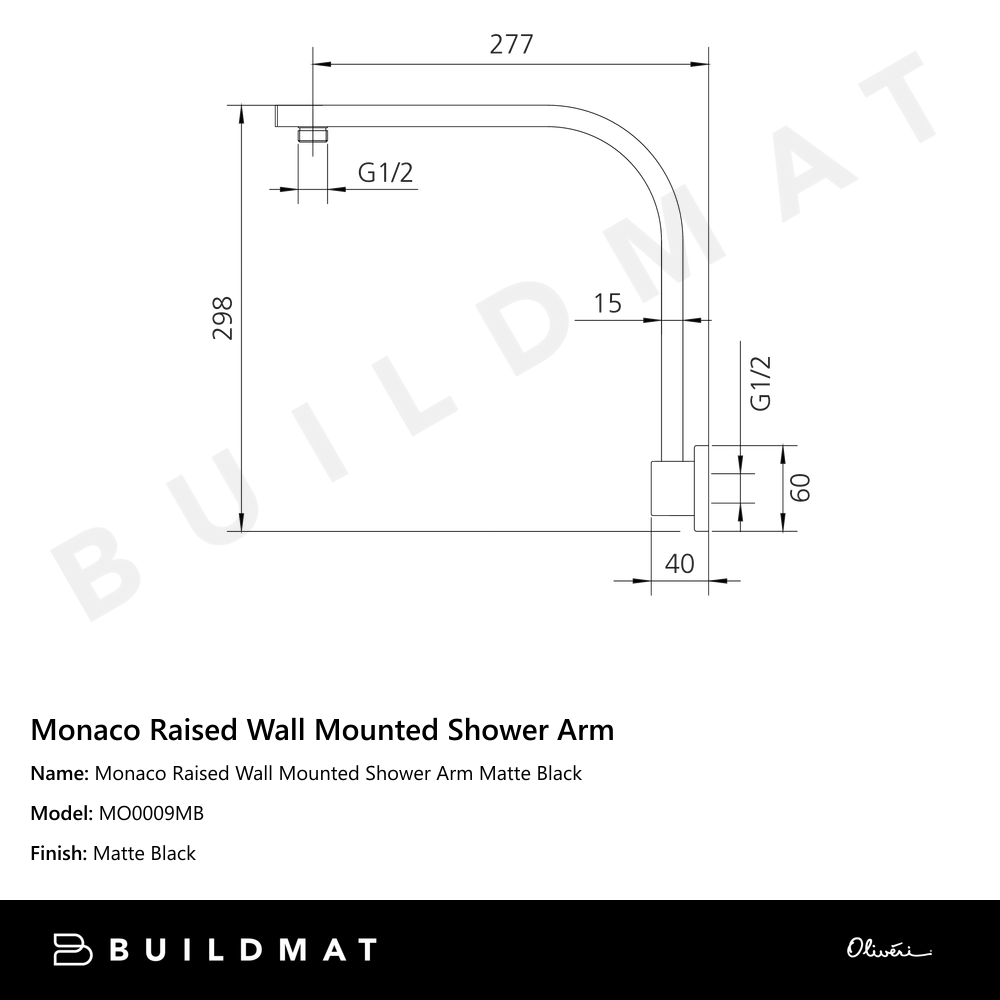 Oliveri Monaco Raised Wall Mounted Shower Arm Matte Black
