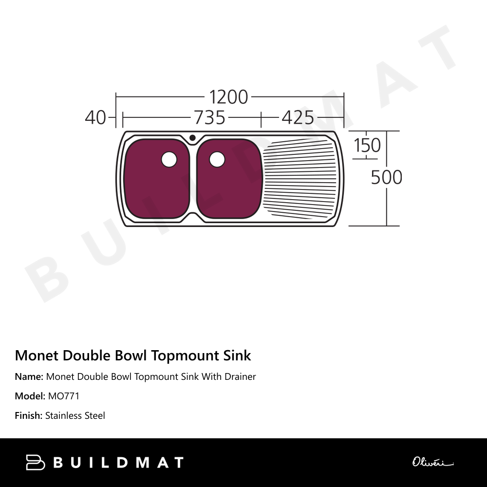 Oliveri Monet Double Bowl Topmount Sink With Right Drainboard Stainless Steel