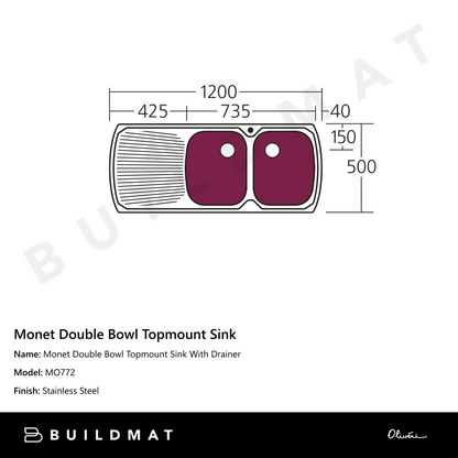 Oliveri Monet Double Bowl Topmount Sink With Left Drainboard Stainless Steel