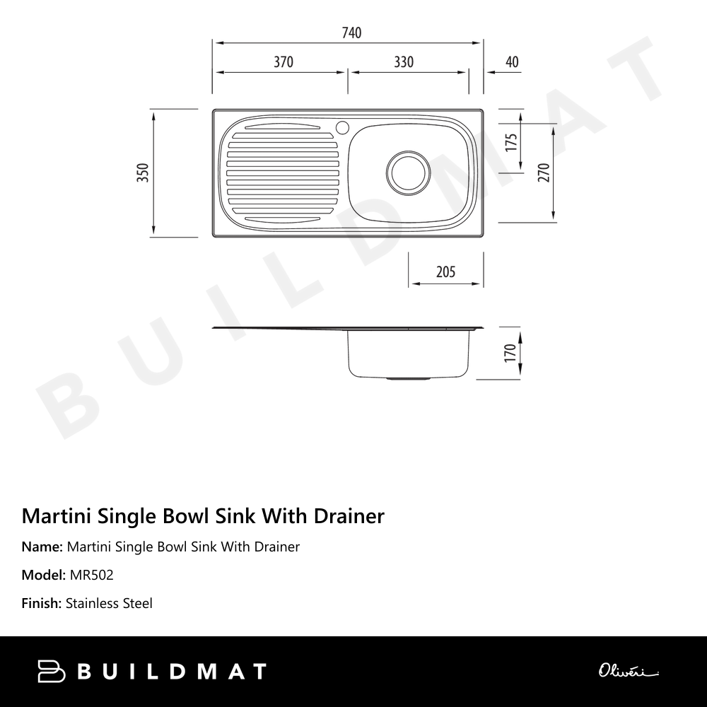 Oliveri Martini Single Bowl Sink With Left Drainboard Stainless Steel