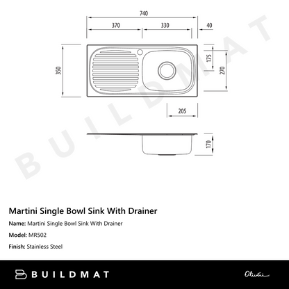 Oliveri Martini Single Bowl Sink With Left Drainboard Stainless Steel