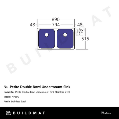 Oliveri Nu-Petite Double Bowl Undermount Sink Stainless Steel