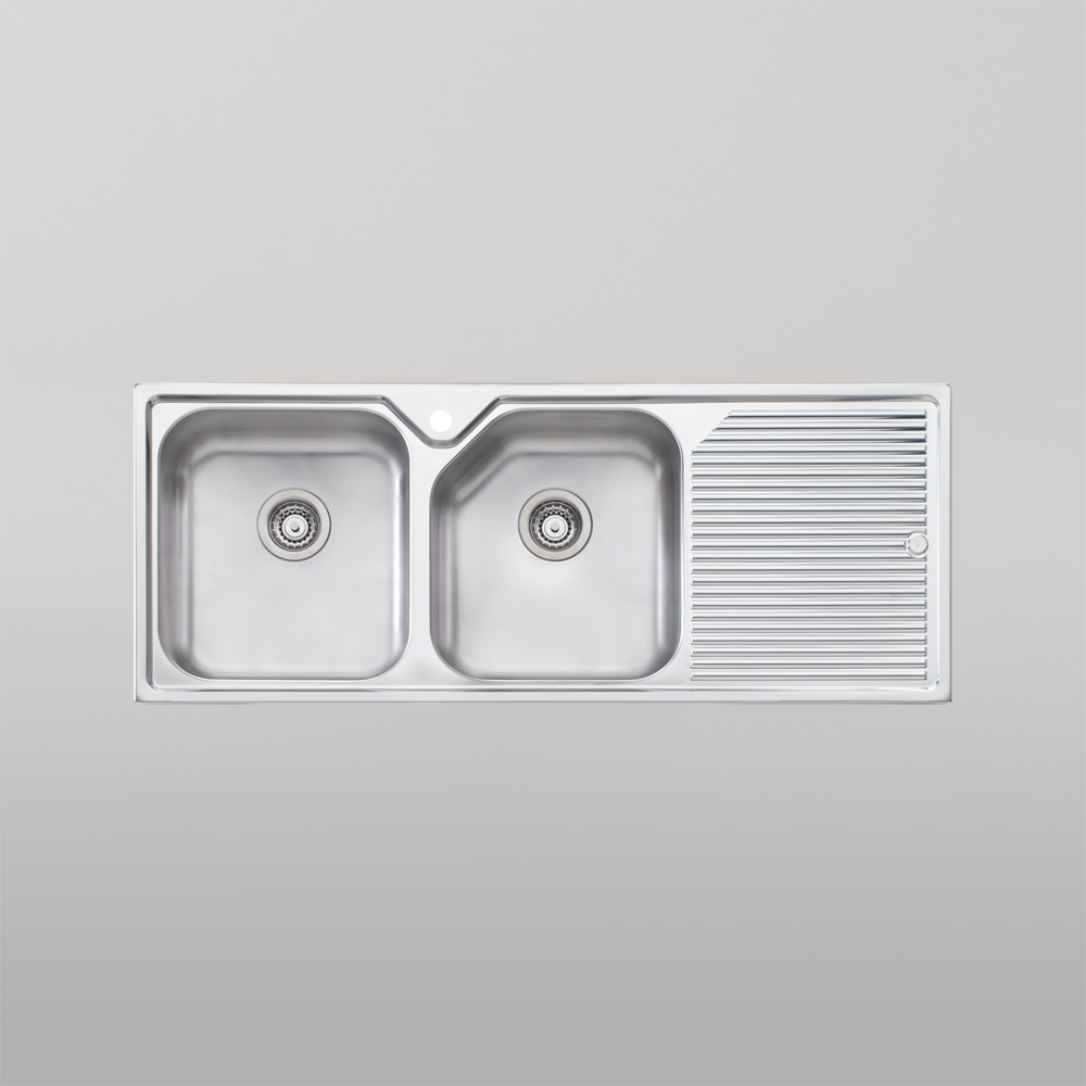 Oliveri Nu-Petite Double Bowl Topmount Sink With Right Drainboard Stainless Steel