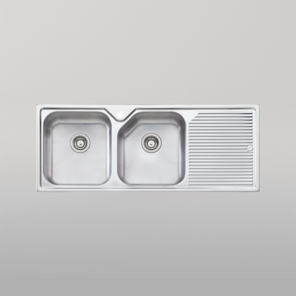 Oliveri Nu-Petite Double Bowl Topmount Sink With Right Drainboard Stainless Steel