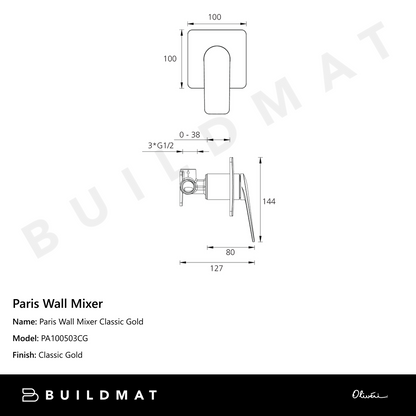 Oliveri Paris Wall Mixer Classic Gold