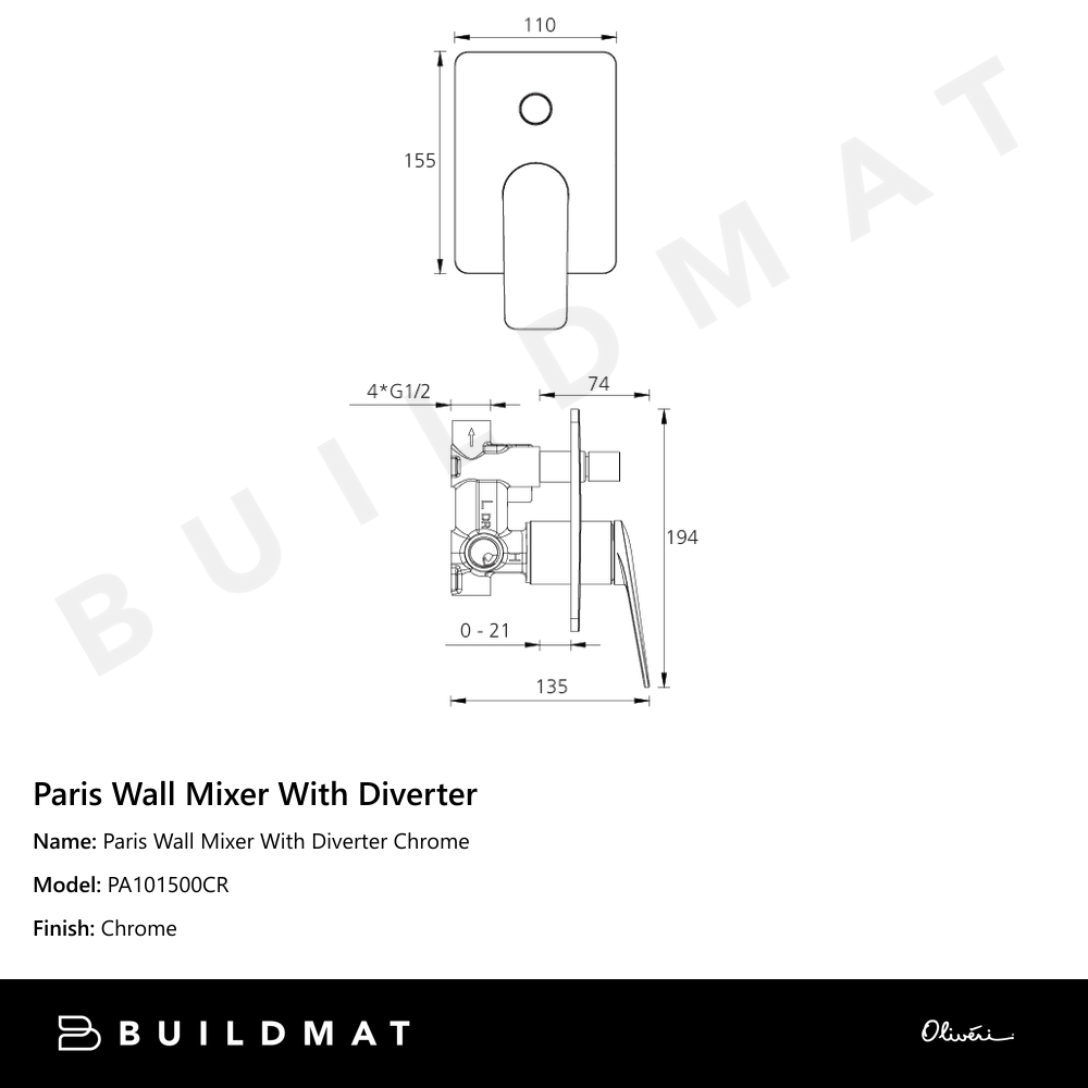 Oliveri Paris Wall Mixer With Diverter Chrome