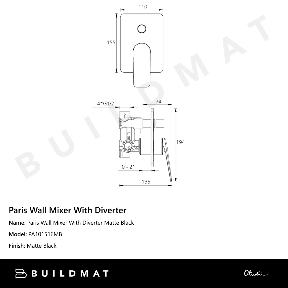Oliveri Paris Wall Mixer With Diverter Matte Black