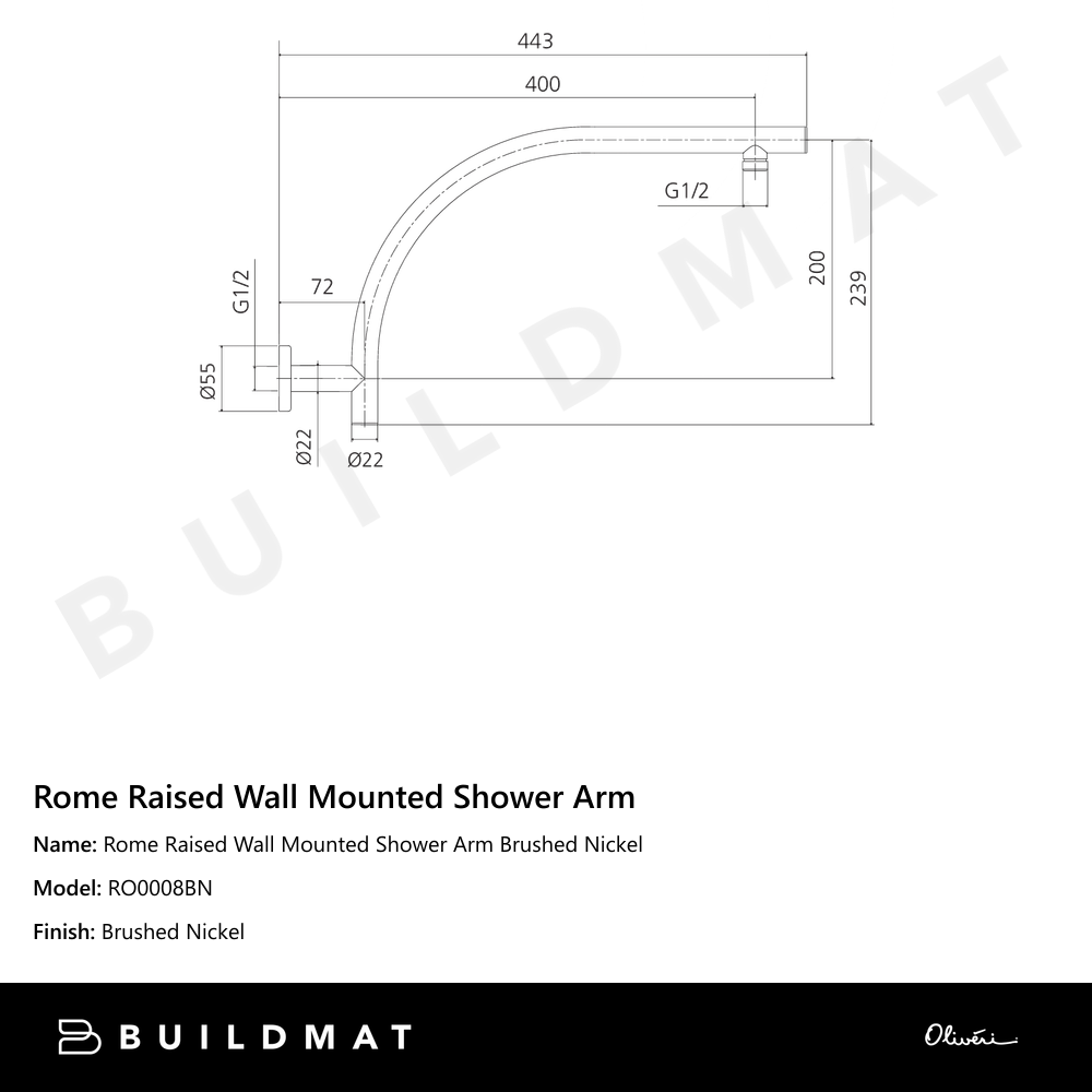 Oliveri Rome Raised Wall Mounted Shower Arm Brushed Nickel