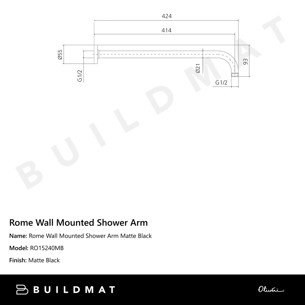 Oliveri Rome Wall Mounted Shower Arm Matte Black