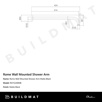 Oliveri Rome Wall Mounted Shower Arm Matte Black