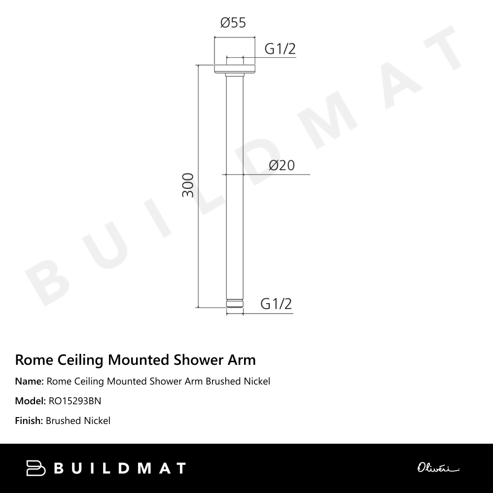 Oliveri Rome Ceiling Mounted Shower Arm Brushed Nickel