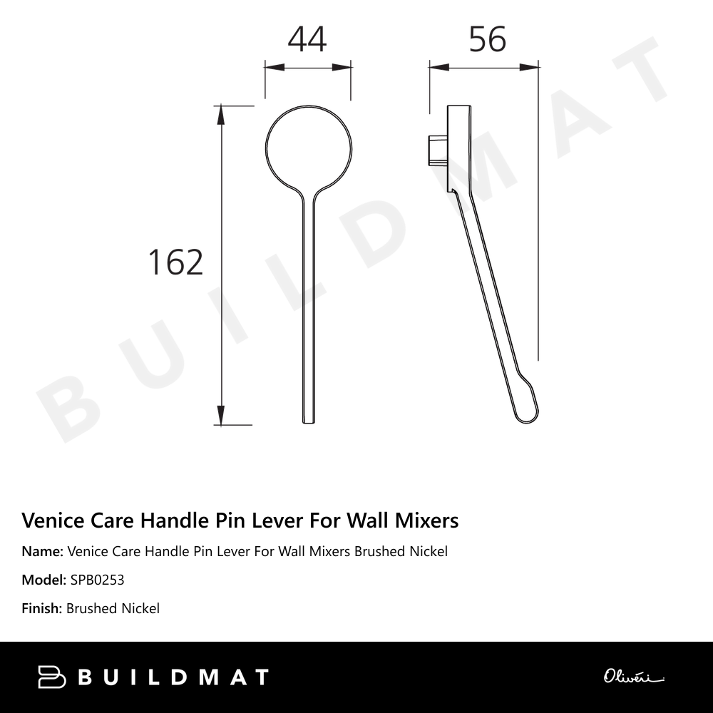 Oliveri Venice Care Handle Pin Lever For Wall Mixers Brushed Nickel