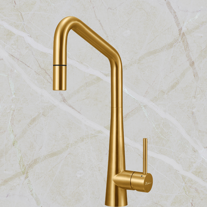 Oliveri Essente Stainless Steel Square Goose Neck Pull Out Mixer Brushed Gold