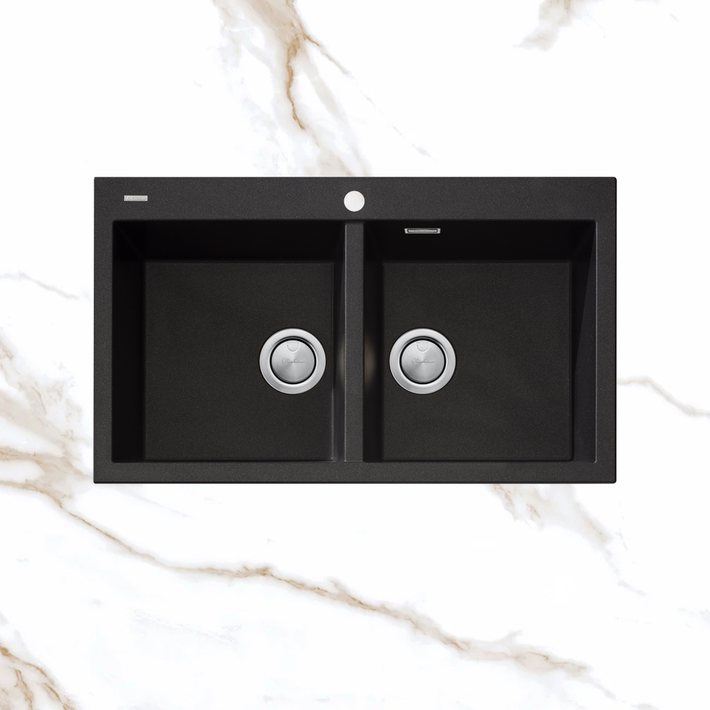 Oliveri Santorini Double Bowl Topmount Sink 1TH with Overflow Black