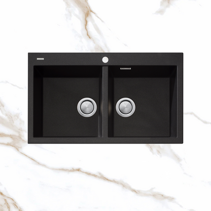 Oliveri Santorini Double Bowl Topmount Sink 1TH with Overflow Black