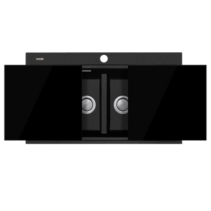 Oliveri Santorini Double Bowl Topmount Sink 1TH Overflow with Glass Top Black