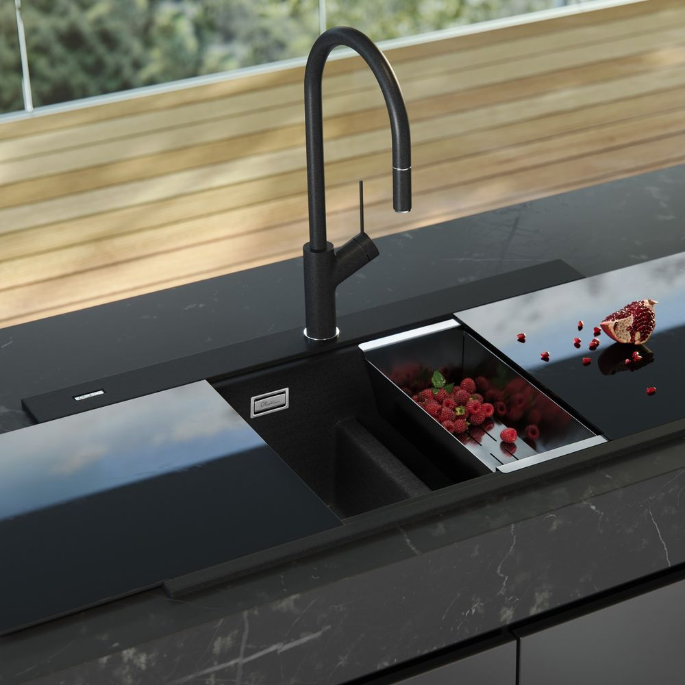 Oliveri Santorini Double Bowl Topmount Sink 1TH Overflow with Glass Top Black