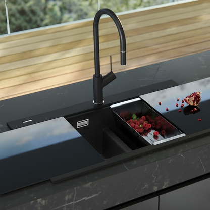 Oliveri Santorini Double Bowl Topmount Sink 1TH Overflow with Glass Top Black