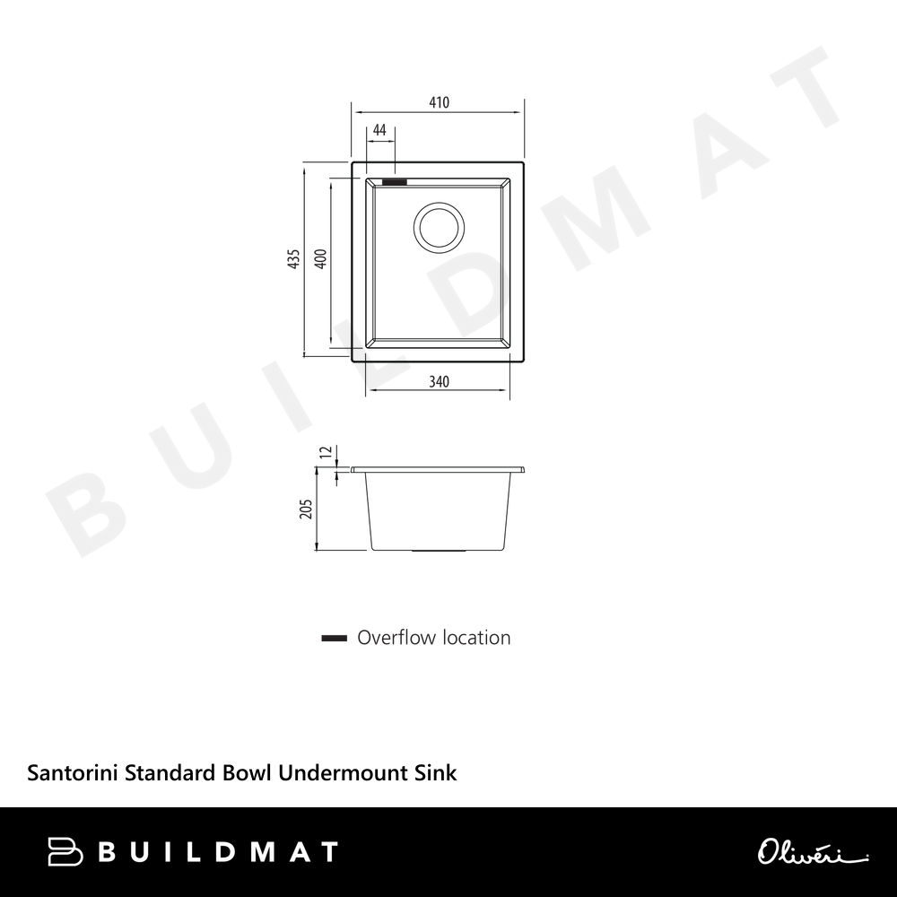 Oliveri Santorini Standard Bowl Undermount Sink with Overflow Matte Black