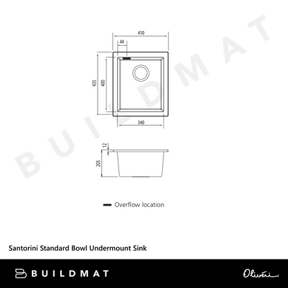 Oliveri Santorini Standard Bowl Undermount Sink with Overflow Matte Black