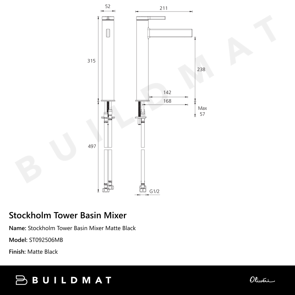 Oliveri Stockholm Tower Basin Mixer Matte Black