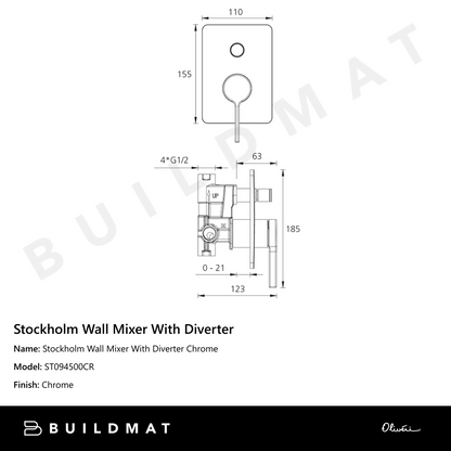 Oliveri Stockholm Wall Mixer With Diverter Chrome