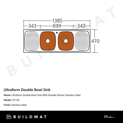 Oliveri Ultraform Double Bowl Sink With Double Drainer Stainless Steel