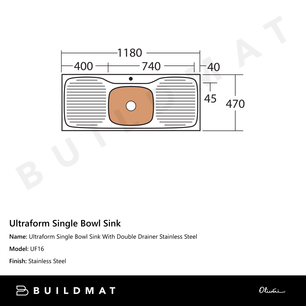 Oliveri Ultraform Single Bowl Sink With Double Drainer Stainless Steel