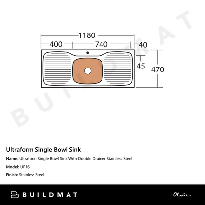Oliveri Ultraform Single Bowl Sink With Double Drainer Stainless Steel