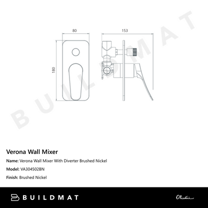 Oliveri Verona Wall Mixer With Diverter (Trim Kit Only) Brushed Nickel