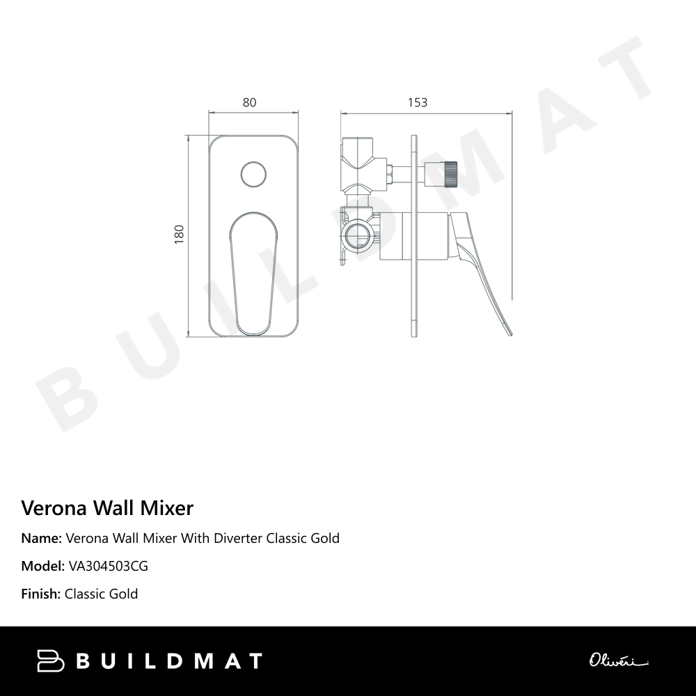 Oliveri Verona Wall Mixer With Diverter (Trim Kit Only) Classic Gold