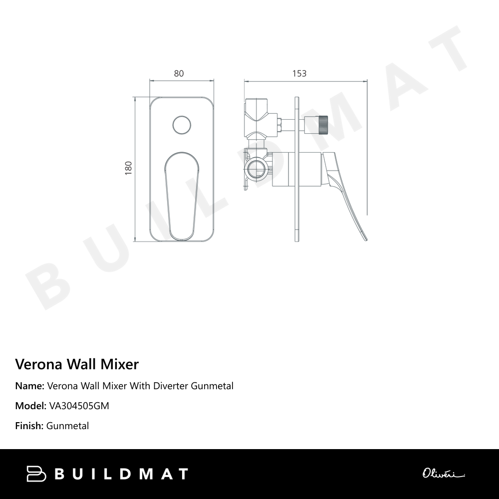 Oliveri Verona Wall Mixer With Diverter (Trim Kit Only) Gunmetal