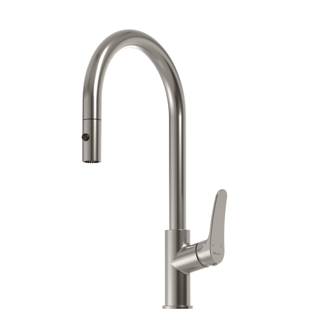 Oliveri Verona Pull Out Gooseneck Spray Mixer Brushed Nickel Lead Free