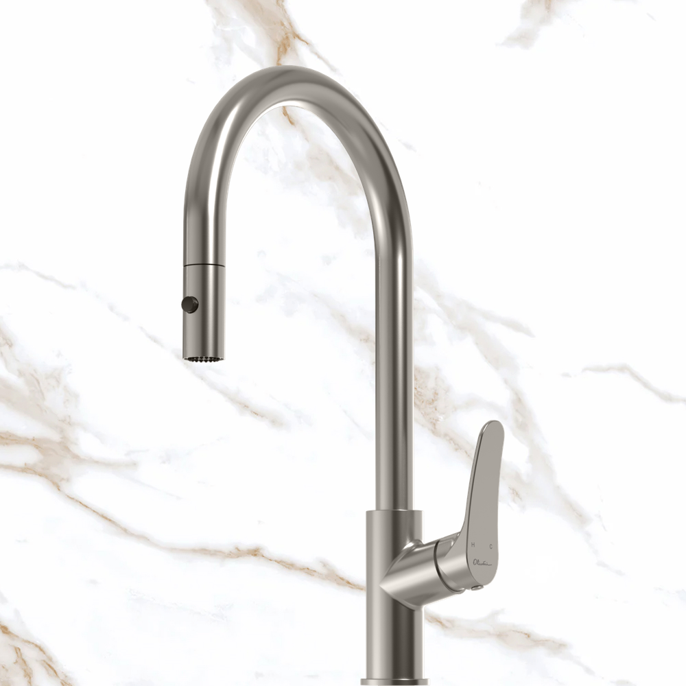 Oliveri Verona Pull Out Gooseneck Spray Mixer Brushed Nickel Lead Free