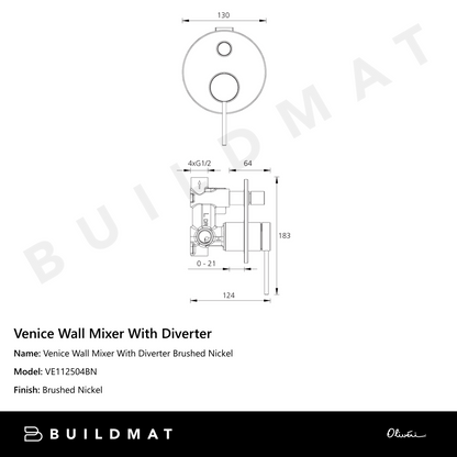 Oliveri Venice Wall Mixer With Diverter Brushed Nickel