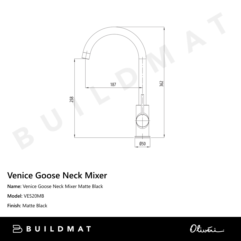 Oliveri Venice Goose Neck Mixer Matte Black