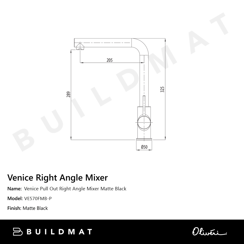 Oliveri Venice Pull Out Right Angle Mixer Matte Black