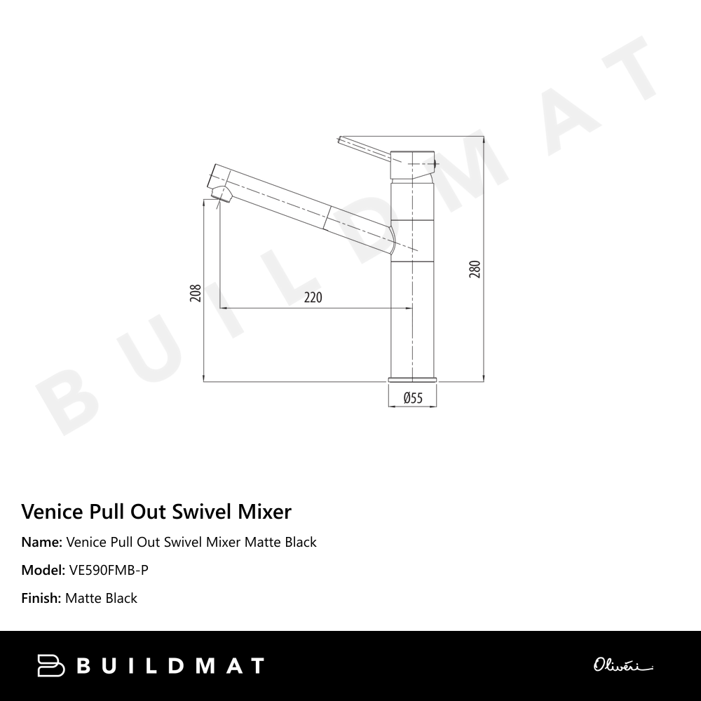 Oliveri Venice Pull Out Swivel Mixer Matte Black