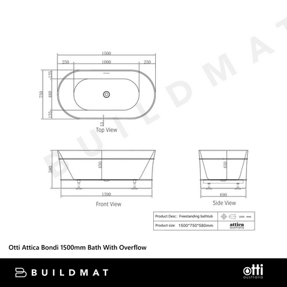 Otti Attica Bondi 1500mm Bath with Overflow Matte White