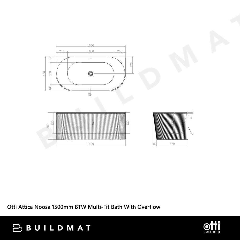Otti Attica Noosa 1500mm BTW Multi-Fit Bath with Overflow Matte White