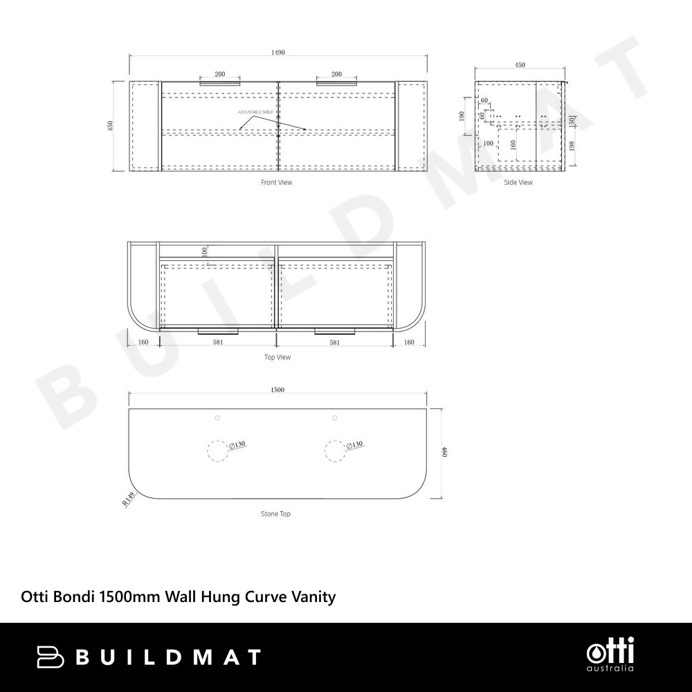 Otti Bondi 1500mm Black Oak Wall Hung Curve Vanity