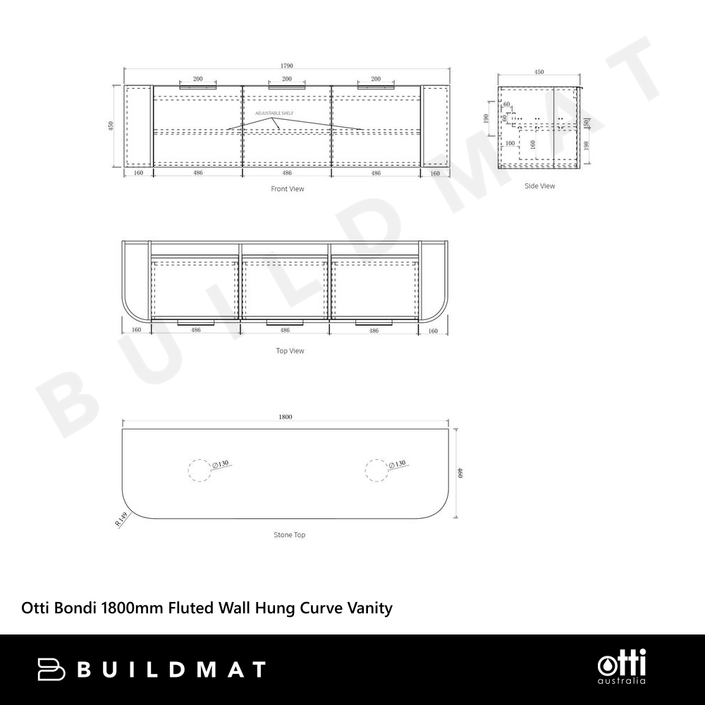 Otti Bondi 1800mm Black Oak Wall Hung Curve Vanity