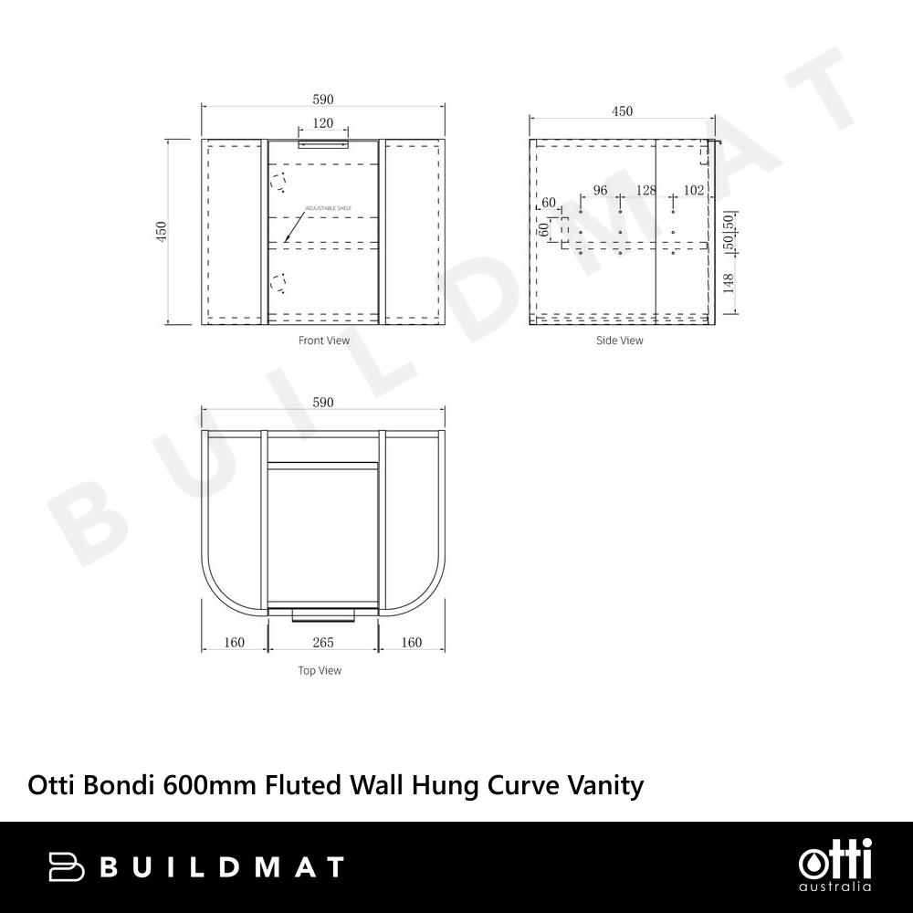 Otti Bondi 600mm Satin White Fluted Wall Hung Curve Vanity