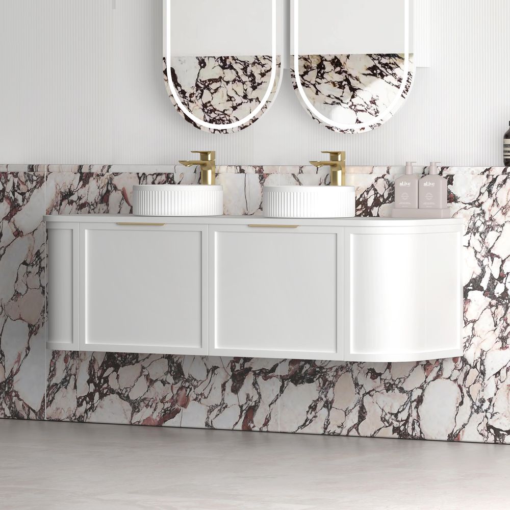 Otti Hampshire 1500mm Satin White Wall Hung Double Bowl Curve Vanity